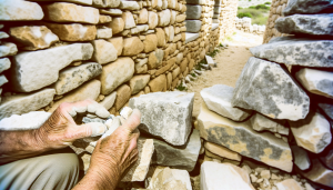"A vintage pair of hands delicately working on a stone masonry restoration project of a heritage home, highlighting the intricate dry stone walling technique with different sizes and shapes of stones piled without the use of mortar."