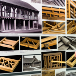 Prompt: "A collage showcasing the evolution of woodworking practices in Canada's heritage homes, with emphasis on particular features such as timber framing, intricate joinery, hand-carved decorative elements, and modern restoration techniques using both traditional tools and advanced technology. Also include an element of sustainability with the usage of locally sourced and reclaimed wood."