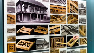 Prompt: "A collage showcasing the evolution of woodworking practices in Canada's heritage homes, with emphasis on particular features such as timber framing, intricate joinery, hand-carved decorative elements, and modern restoration techniques using both traditional tools and advanced technology. Also include an element of sustainability with the usage of locally sourced and reclaimed wood."